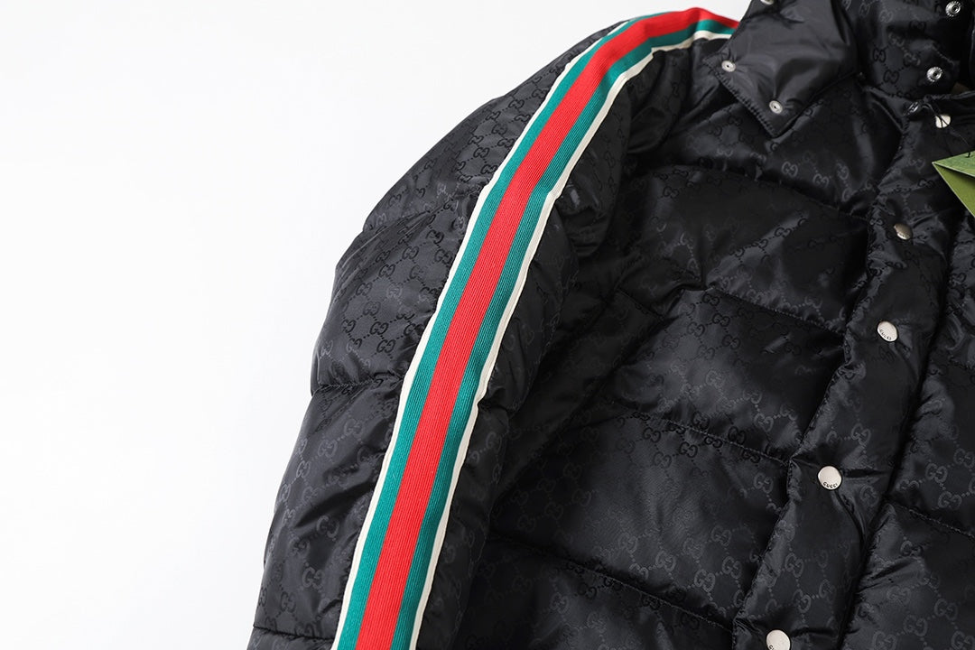 Mid-length dark pattern jacquard element down jacket with red and green webbing XC0823111002