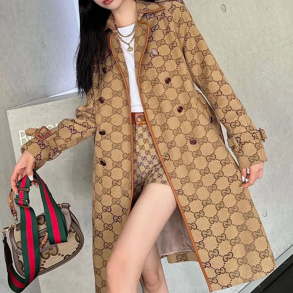 New autumn and winter woolen coat women's belt waist slimming hooded trench coat print coat women 90240812001