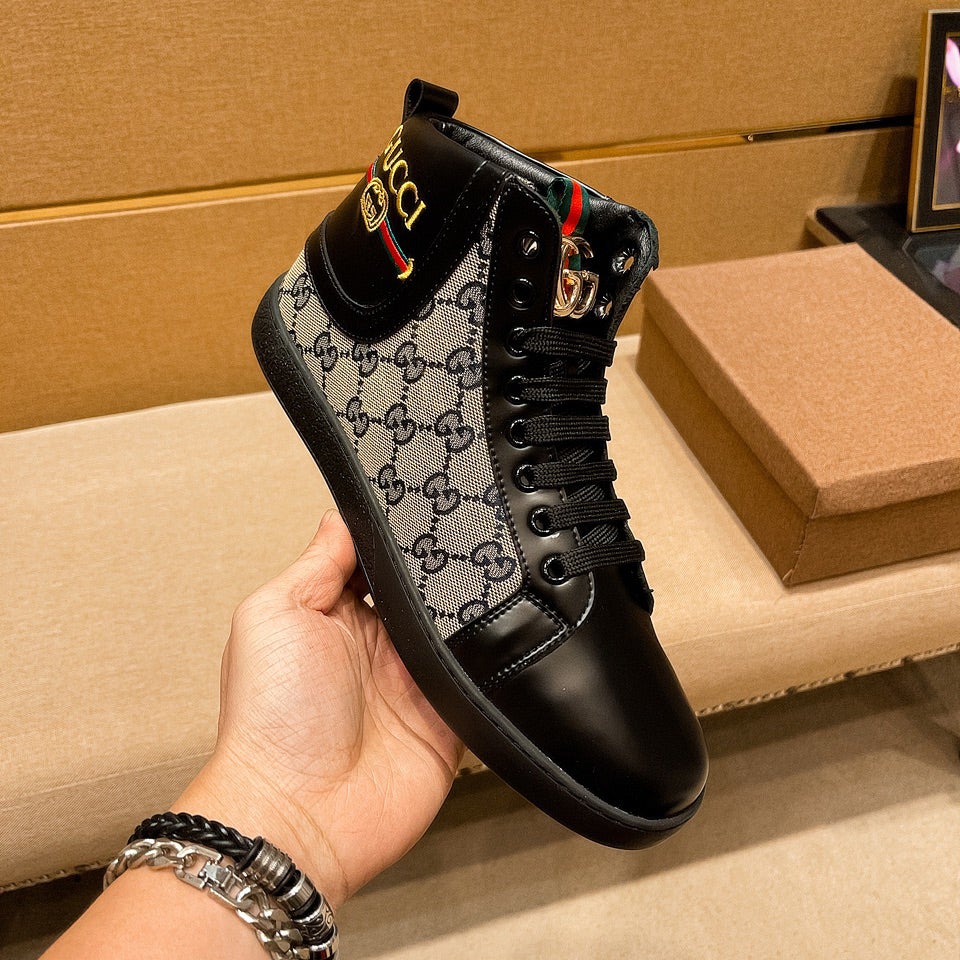 Men's black  print leather boots