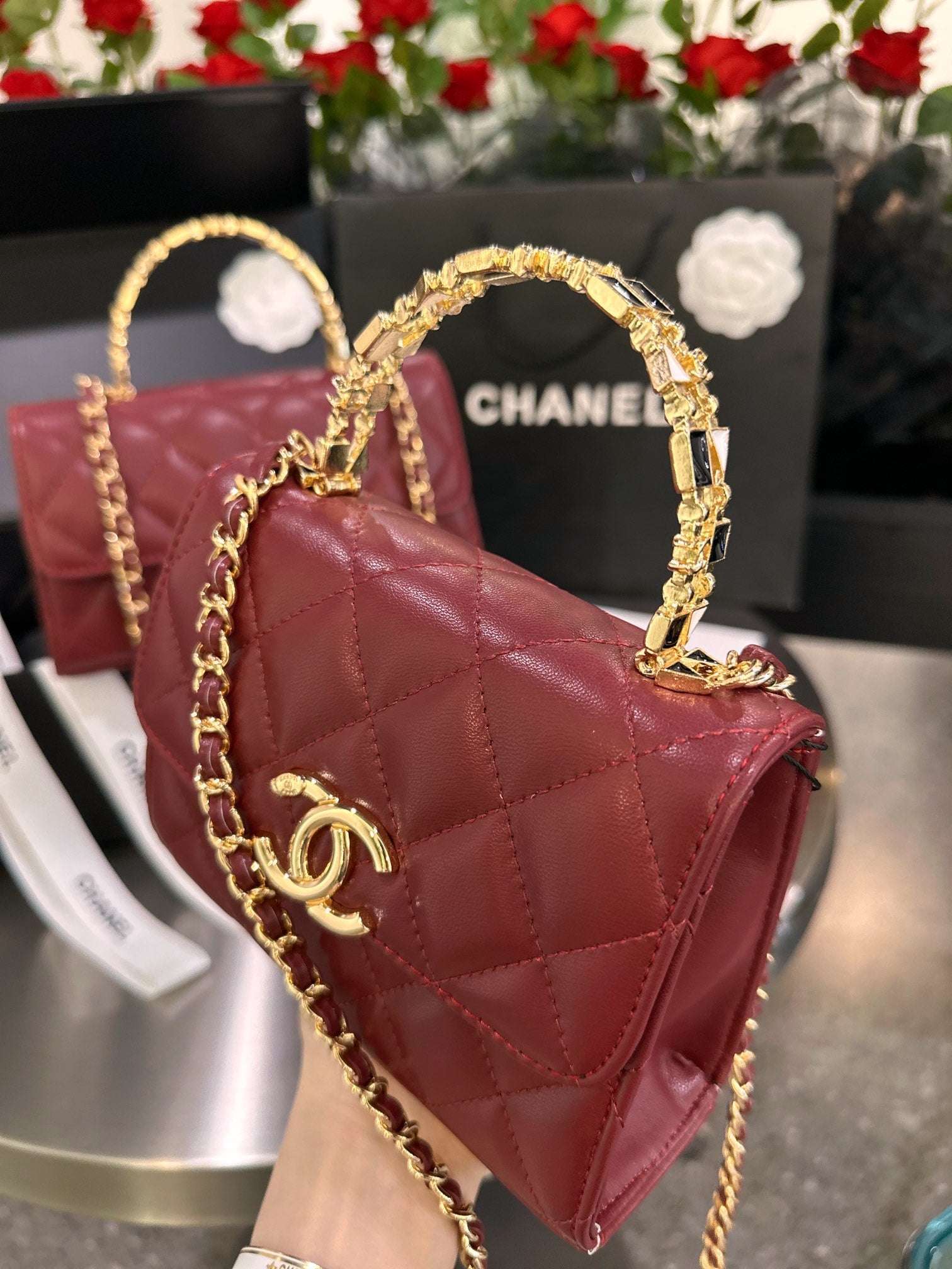 Diamond check wine red chain bag 0724100102