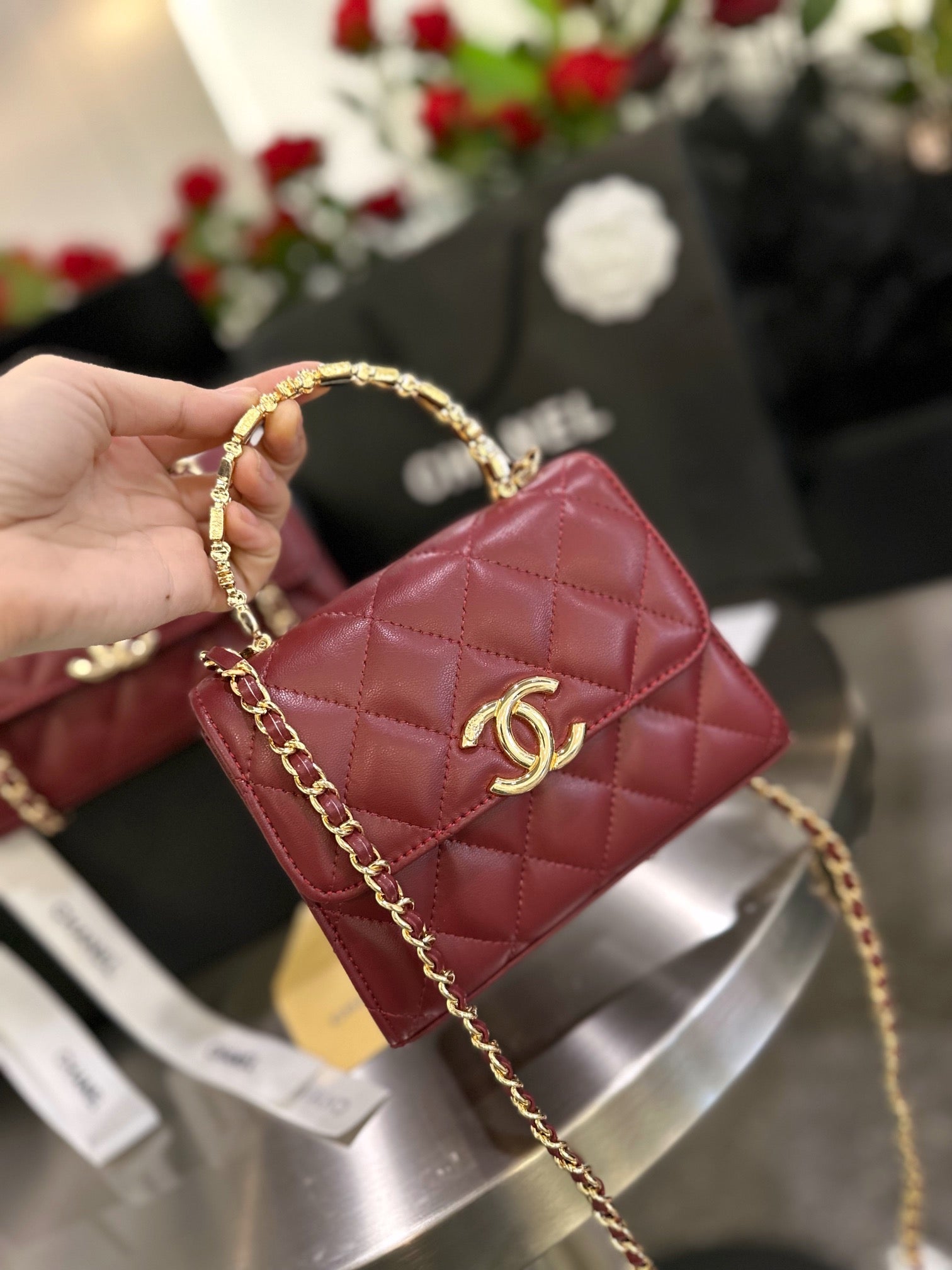 Diamond check wine red chain bag 0724100102