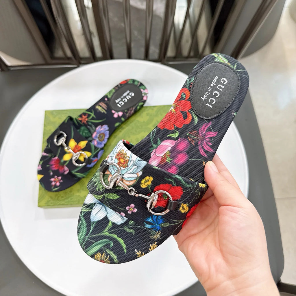 New Floral Horsebit Buckle Women's Slippers 1025070413