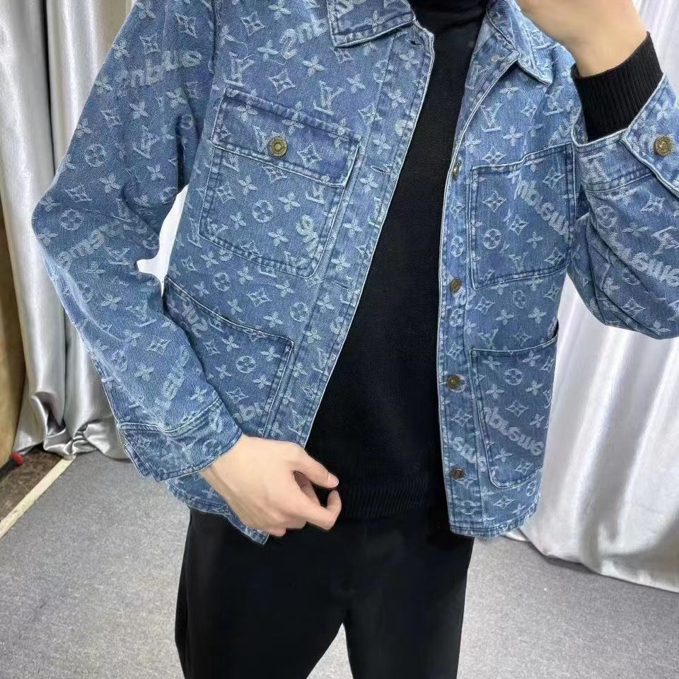 New Suit Jacket High-End Flocking Men's Suit Jacket Blue Jean