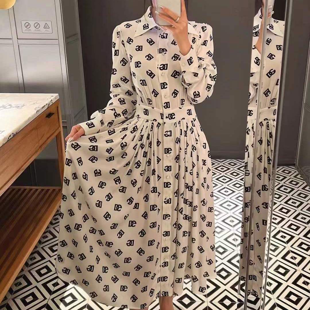 New Polo Neck French Retro Silk Print Dress 1024072613