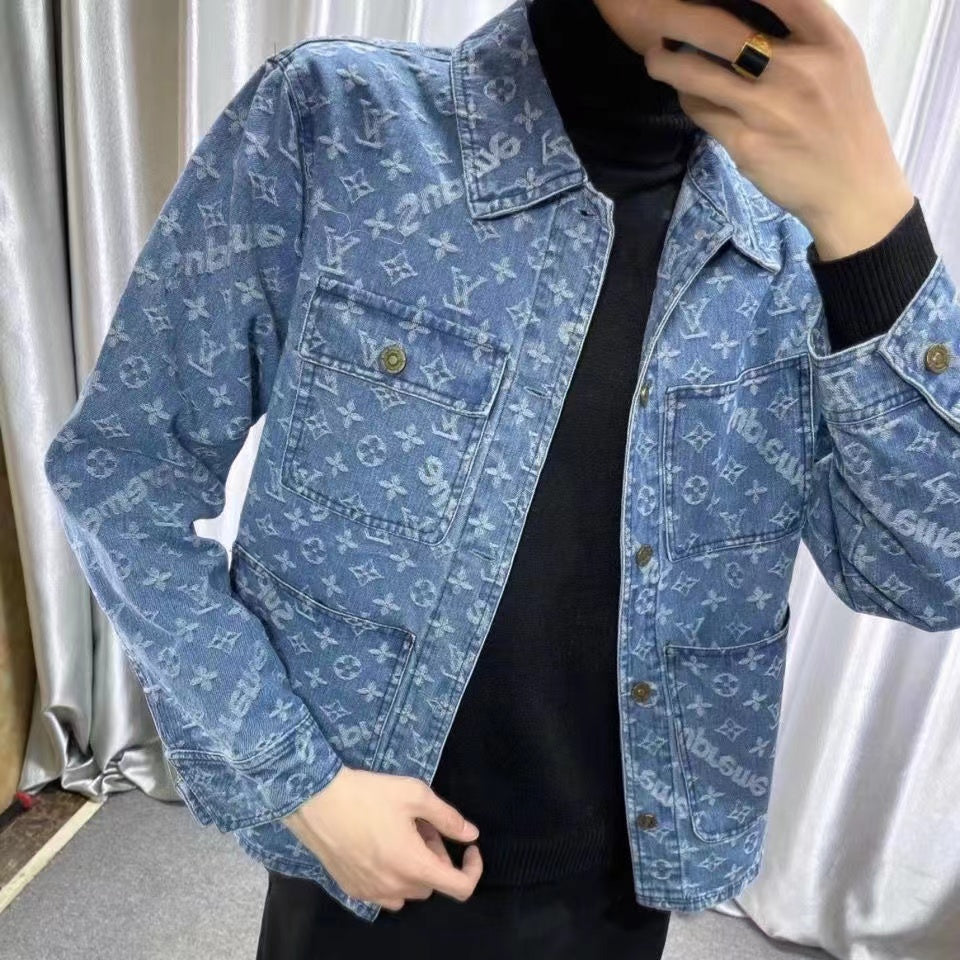 New Suit Jacket High-End Flocking Men's Suit Jacket Blue Jean