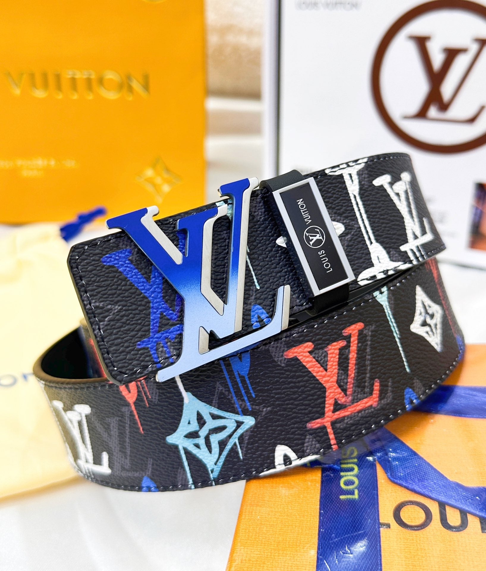 V graffiti painted leather belt 0724031403