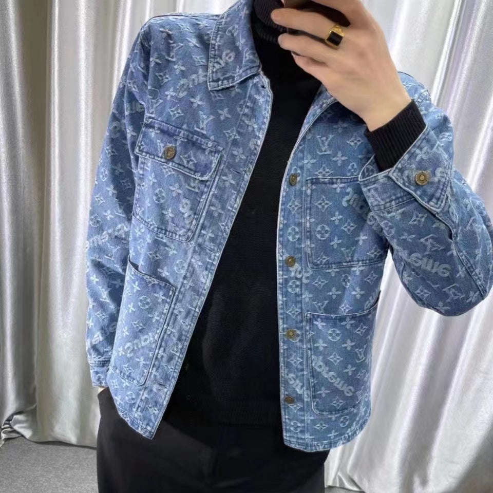 New Suit Jacket High-End Flocking Men's Suit Jacket Blue Jean