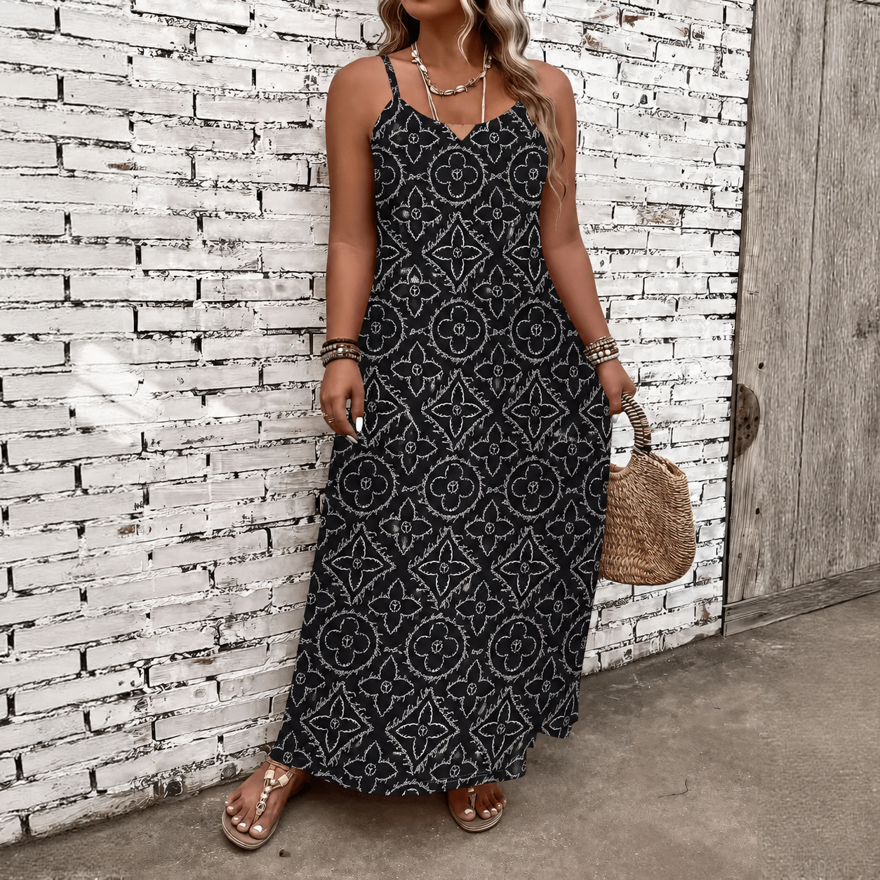 Classic Print V-Neck Pocket Cami Dress 3D1026071006