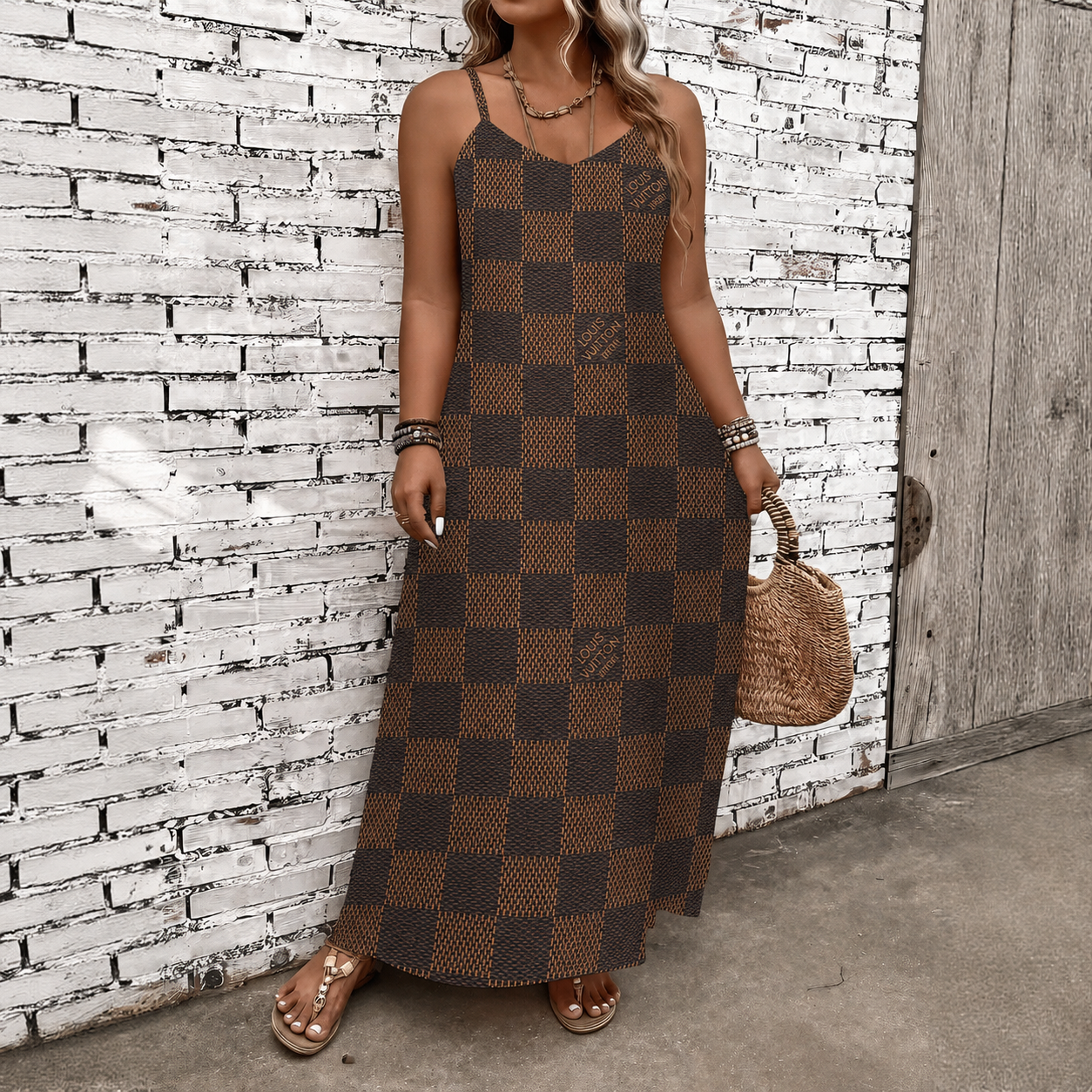 Classic Print V-Neck Pocket Cami Dress 3D1026071008