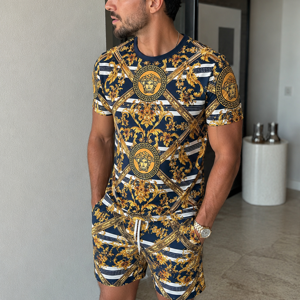 Men's Fashion Printed Short Sleeve Suit 3D1026070328