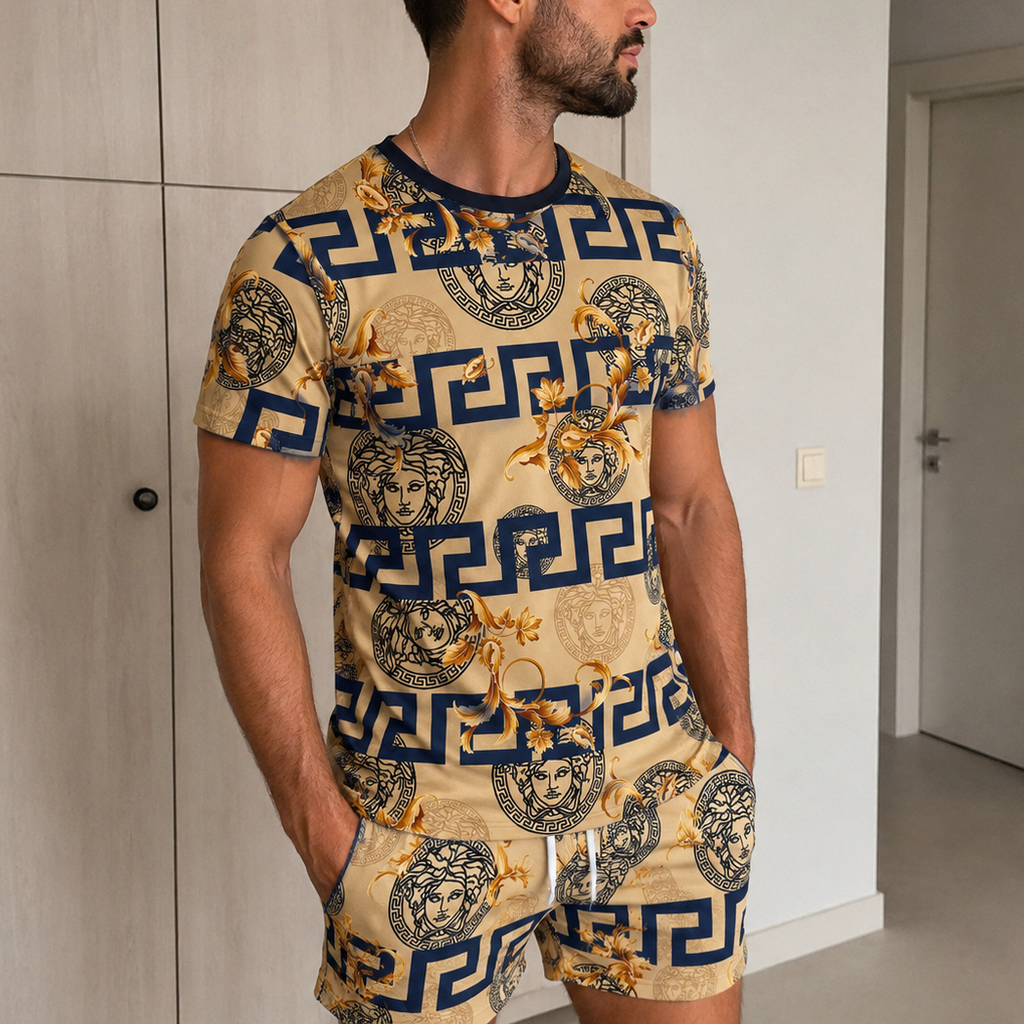 Men's Fashion Printed Short Sleeve Suit 3D1026070327