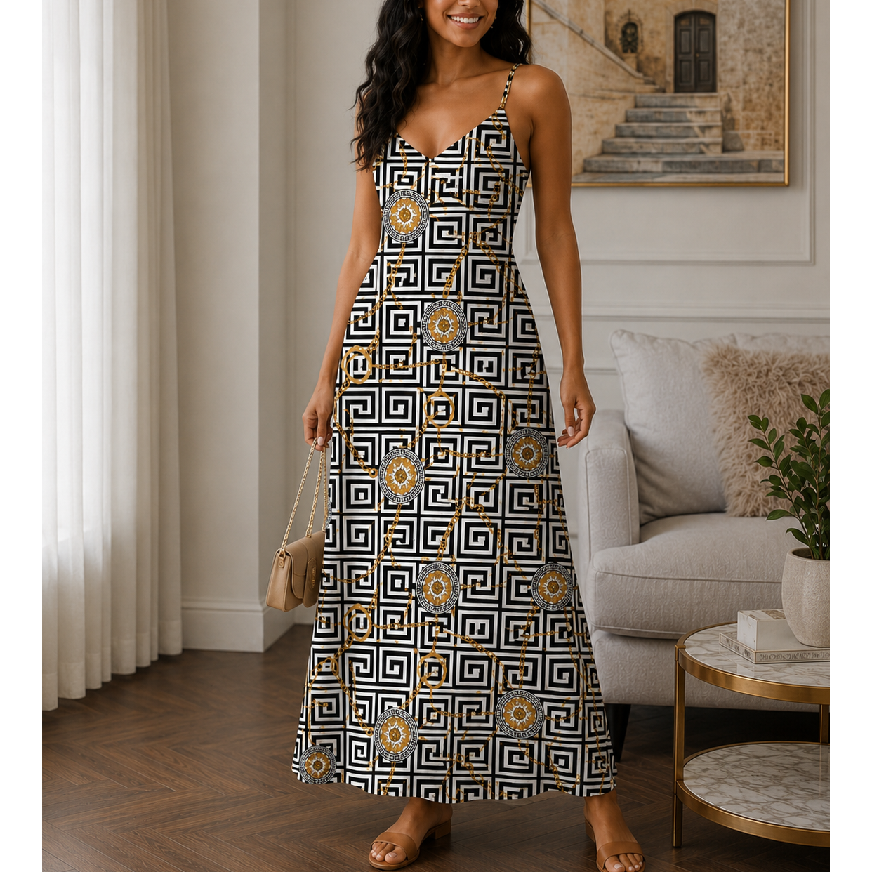 Classic Print V-Neck Pocket Cami Dress 3D1026070334