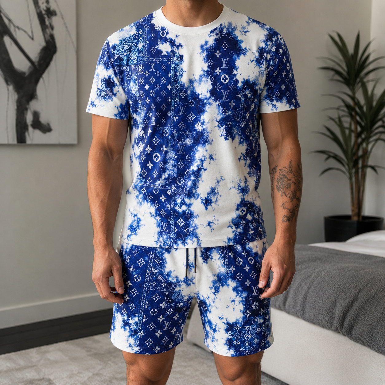 Men's Fashion Printed Short Sleeve Suit 3D1026070820