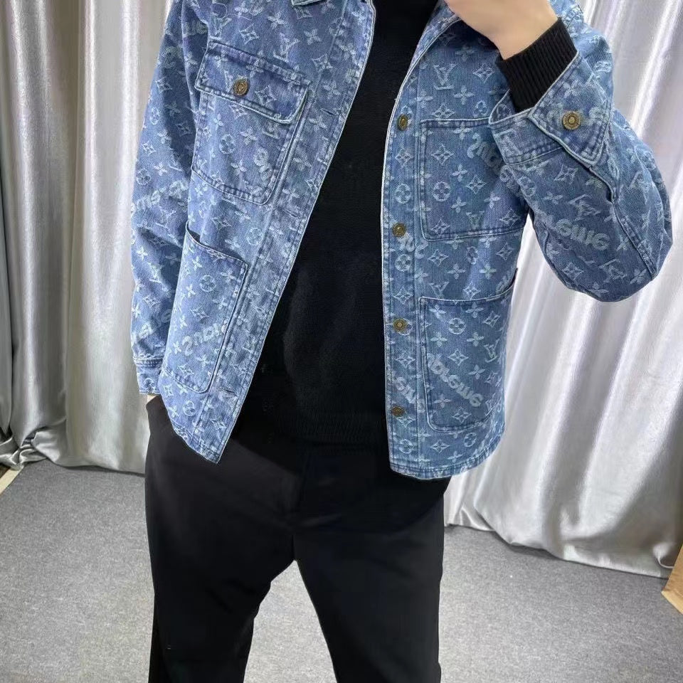 New Suit Jacket High-End Flocking Men's Suit Jacket Blue Jean