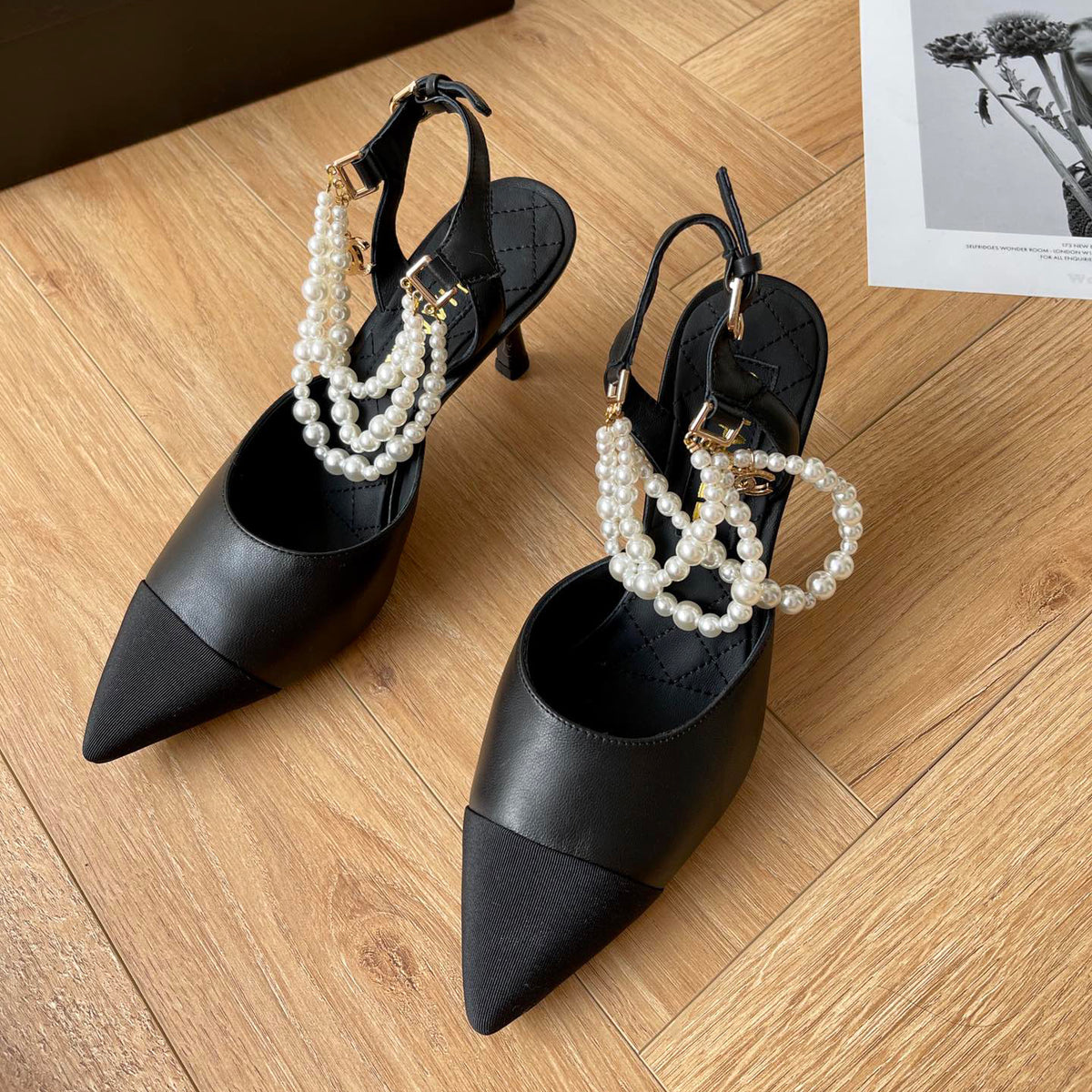 Pointed pearl chain high heel sandals 1824070202