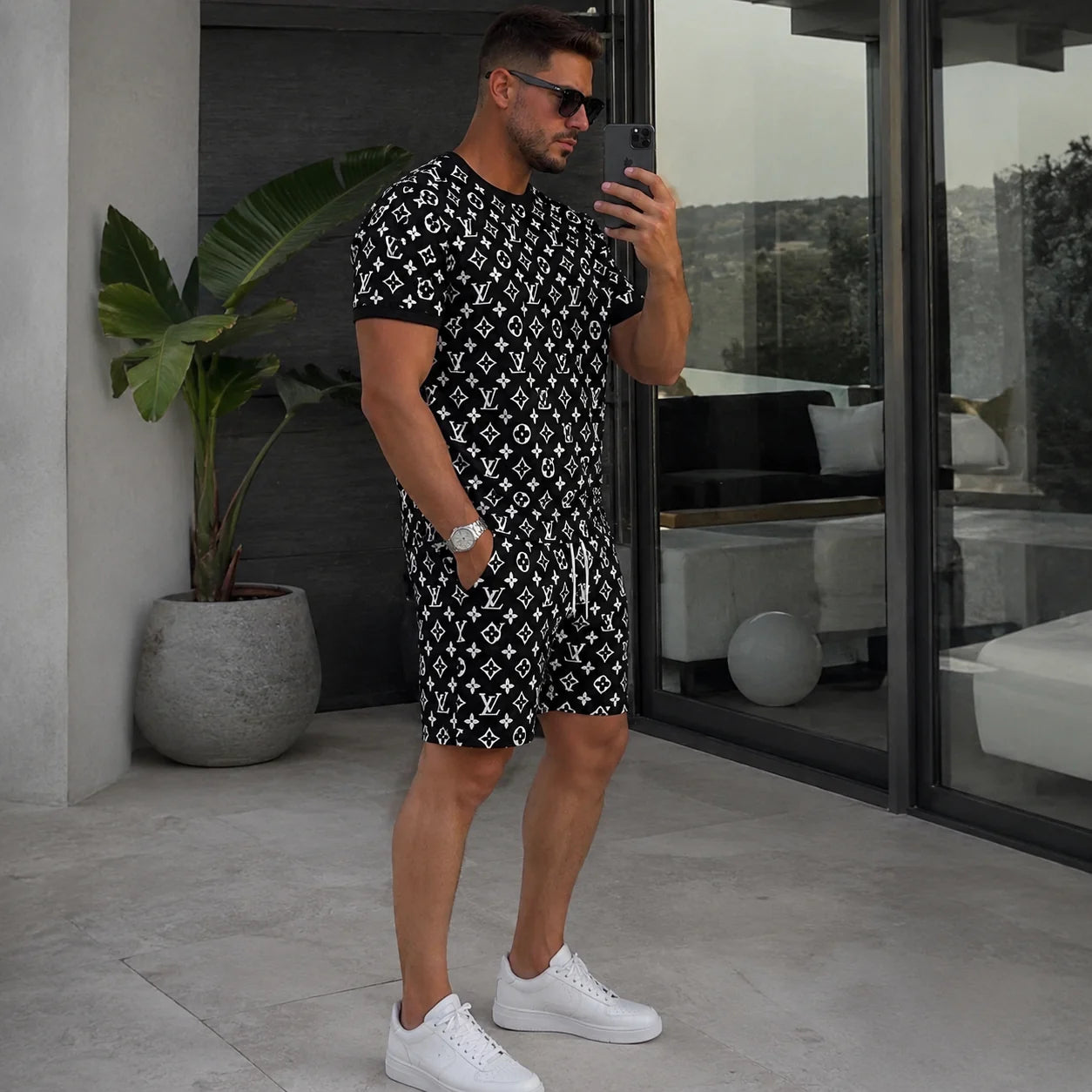 Men's Fashion Printed Short Sleeve Suit 3D1026070329