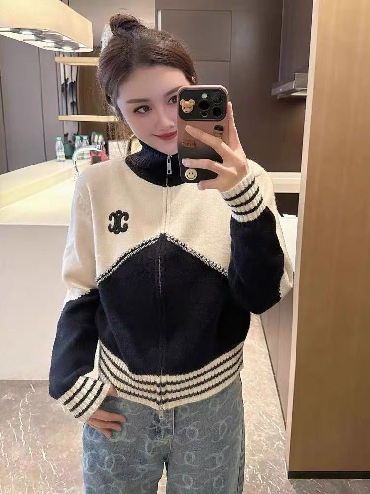Diamond-embellished colorblock high collar zip-up knitted cardigan jacket 1824072301