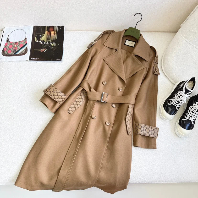 New Patchwork Leather Trim Mid-Length Elegant Trench Coat 1025102410