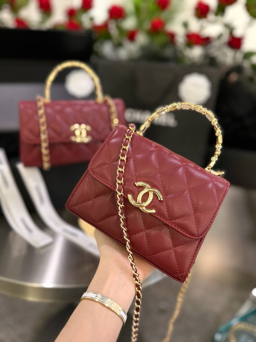 Diamond check wine red chain bag 0724100102