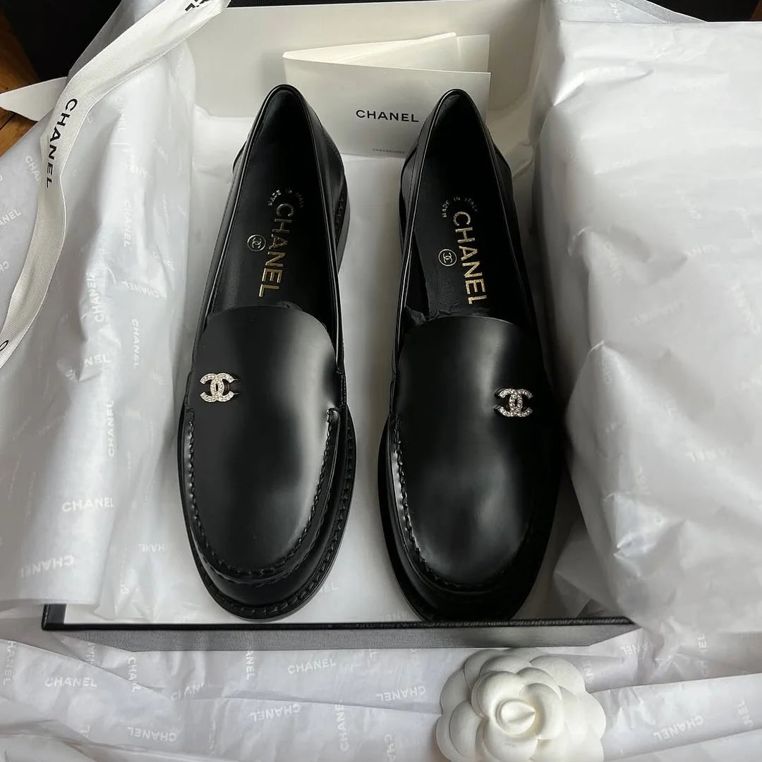 Women's Black Leather CC Logo Slip On Loafers
