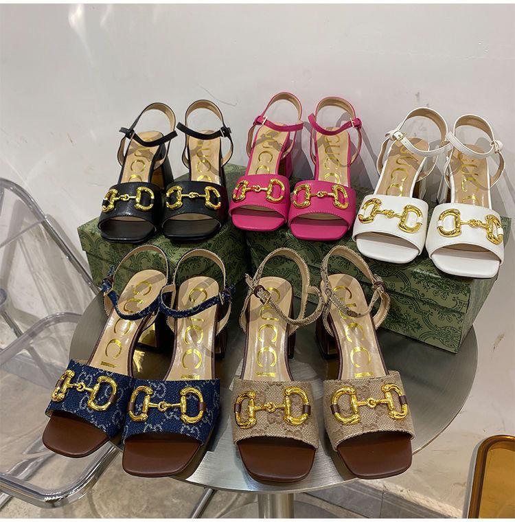 New Horsebit Buckle French Thick Heel Sandals 1024042622