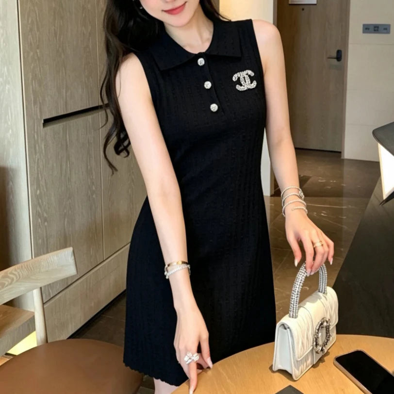 Fitted Knit Dress with Lapel Collar and Double C Emblem 1026052012