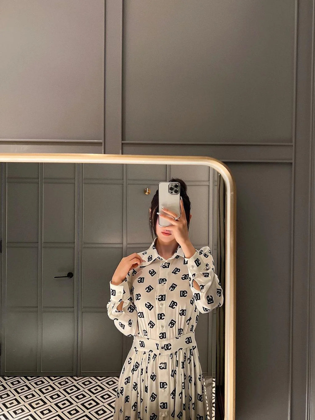 New Polo Neck French Retro Silk Print Dress 1024072613