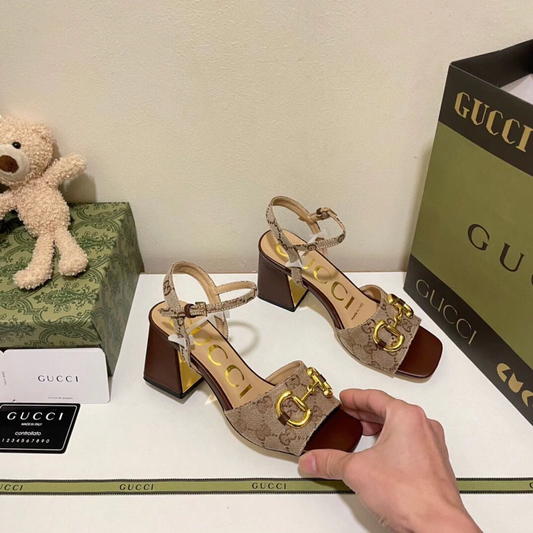 New Horsebit Buckle French Thick Heel Sandals 1024042622
