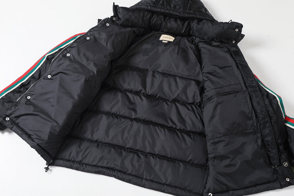 Mid-length dark pattern jacquard element down jacket with red and green webbing XC0823111002
