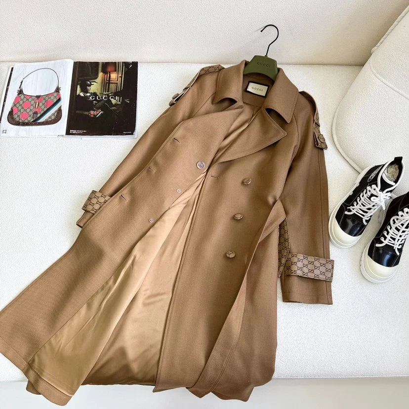 New Patchwork Leather Trim Mid-Length Elegant Trench Coat 1025102410