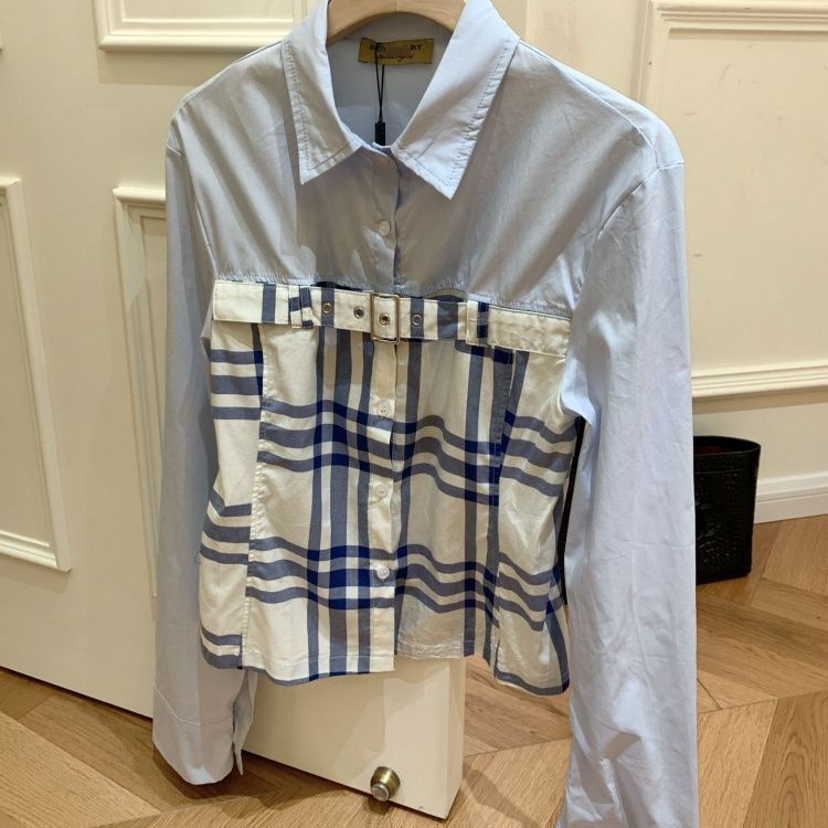 New Fashion Women Spliced Plaid Long Sleeve Shirt PD1326091117