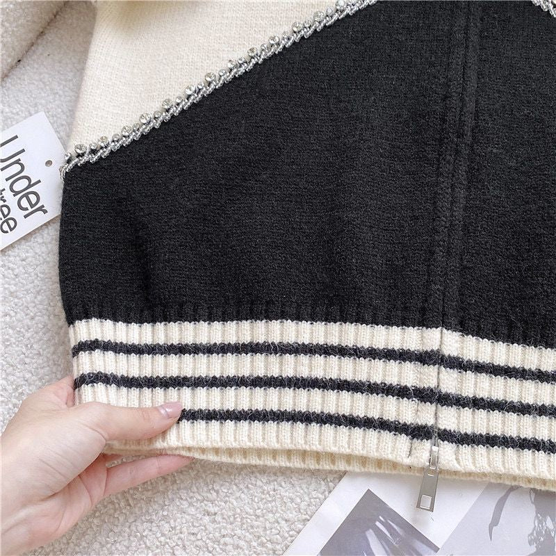 Diamond-embellished colorblock high collar zip-up knitted cardigan jacket 1824072301