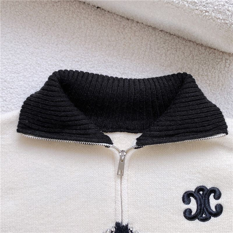 Diamond-embellished colorblock high collar zip-up knitted cardigan jacket 1824072301
