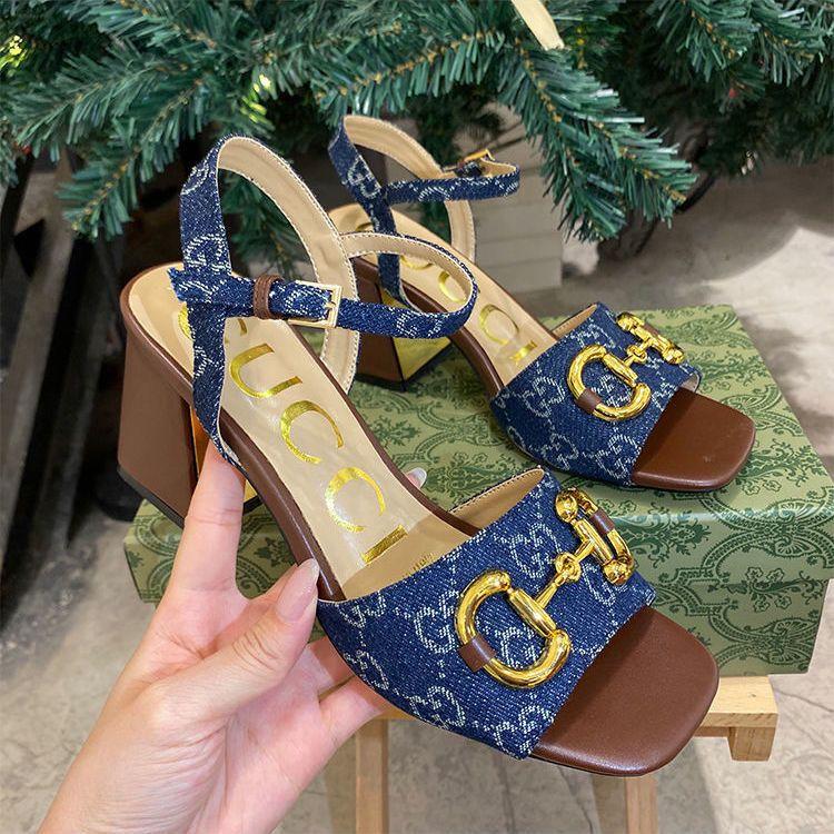 New Horsebit Buckle French Thick Heel Sandals 1024042622