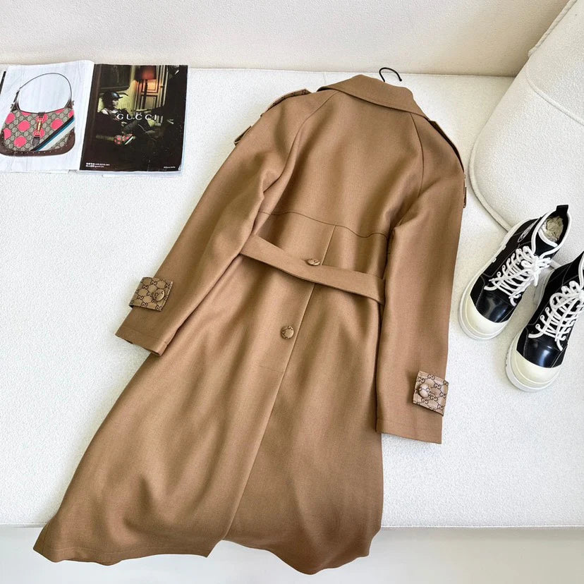 New Patchwork Leather Trim Mid-Length Elegant Trench Coat 1025102410