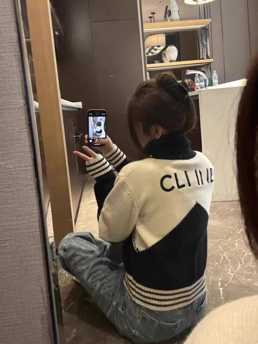Diamond-embellished colorblock high collar zip-up knitted cardigan jacket 1824072301
