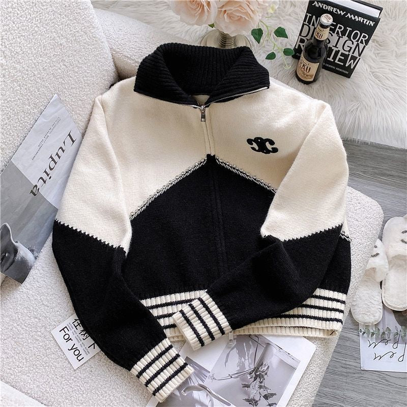 Diamond-embellished colorblock high collar zip-up knitted cardigan jacket 1824072301