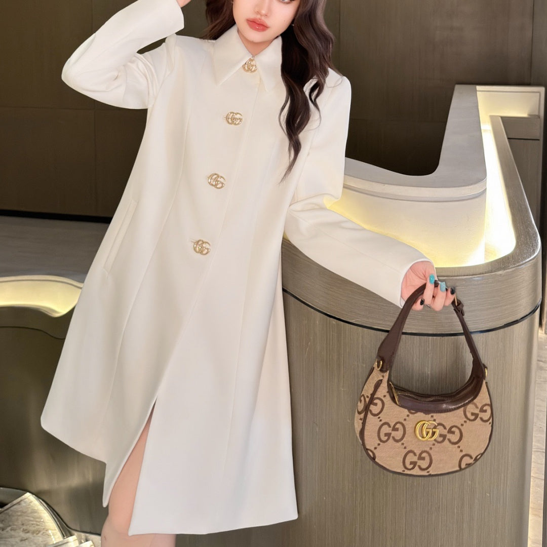 New Fashion Women's Lapel Metal Button Mid-Length Coat CQQ1326101519