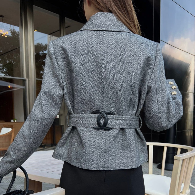 New Fashion Women's Grey Belted Short Blazer CQQ1326102014