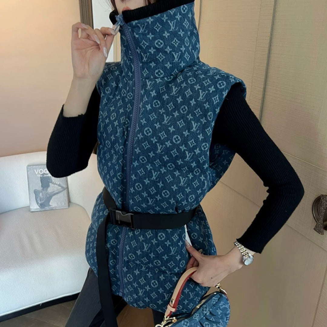 New Fashion Women's All Over Print Denim Puffer Vest DM1326101514