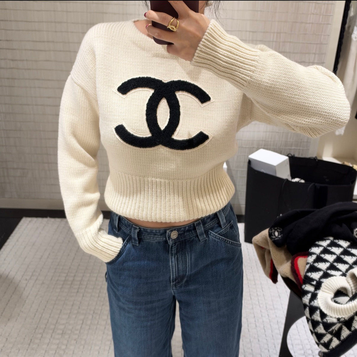 CC High-waisted embroidered knit sweater 0726102601