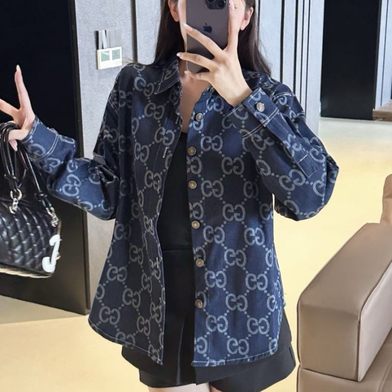 New Fashion Unisex GG Printed Denim Long Sleeve Shirt TZ1326091101