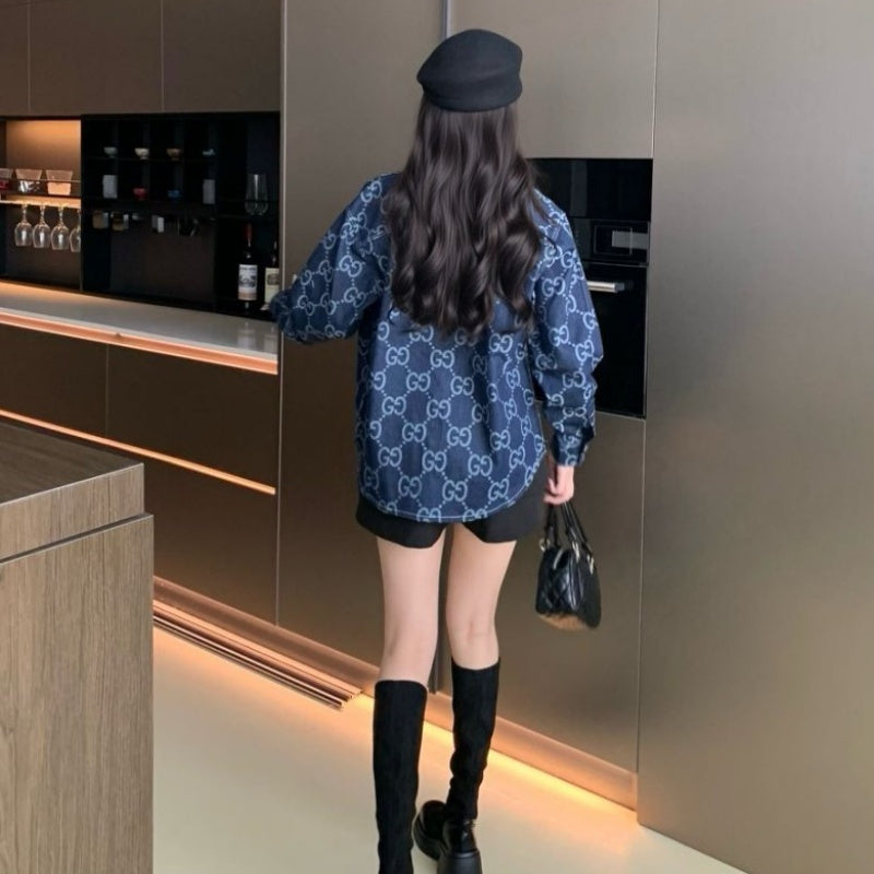 New Fashion Unisex GG Printed Denim Long Sleeve Shirt TZ1326091101