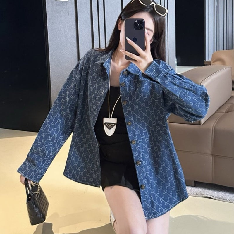 New Fashion Unisex GG Monogram Denim Long Sleeve Shirt TZ1326091102