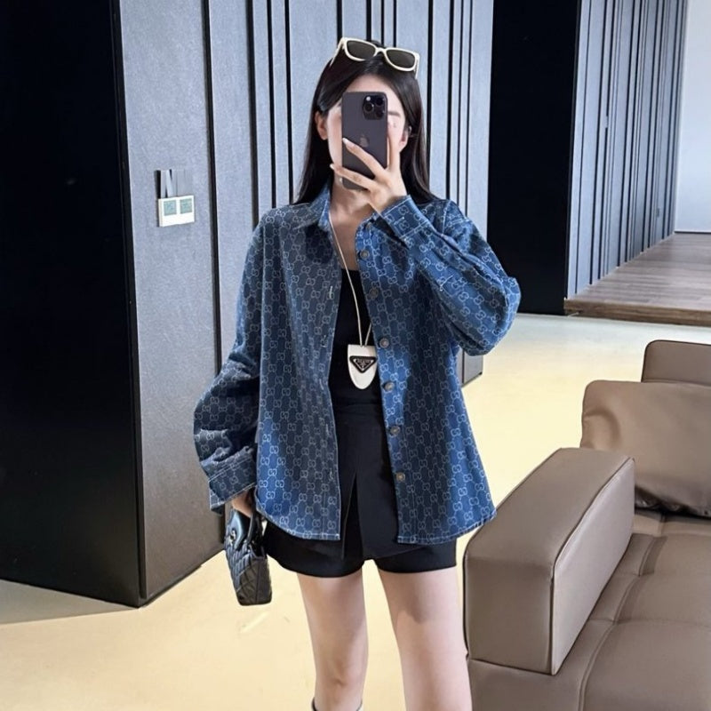 New Fashion Unisex GG Monogram Denim Long Sleeve Shirt TZ1326091102