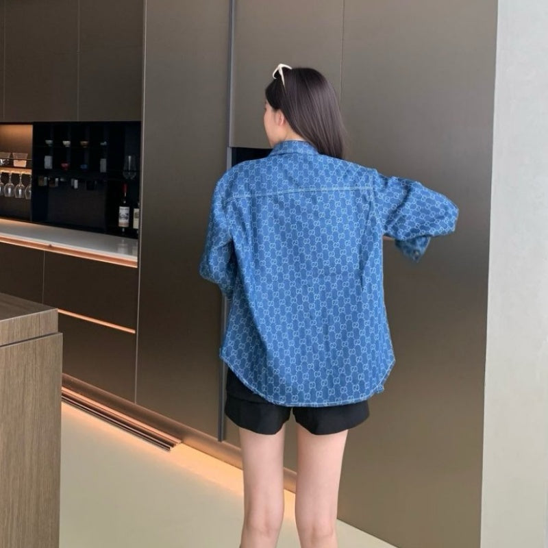New Fashion Unisex GG Monogram Denim Long Sleeve Shirt TZ1326091102