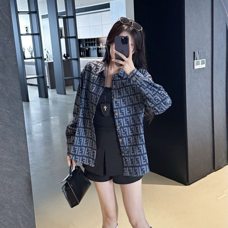New Fashion Unisex FF Monogram Denim Long Sleeve Shirt TZ1326091103