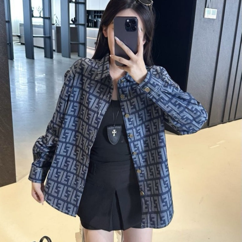 New Fashion Unisex FF Monogram Denim Long Sleeve Shirt TZ1326091103