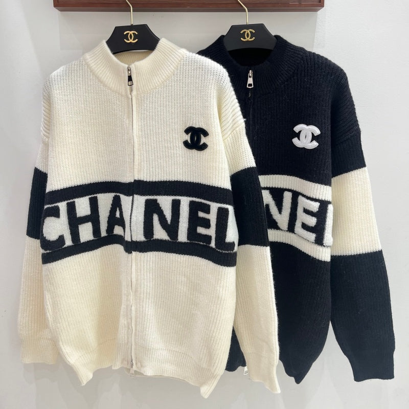 New Fashion Women Color Block Letter Zip Knit Cardigan XC1326091120