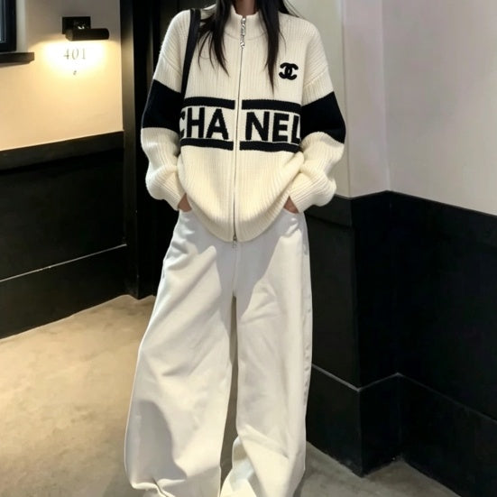 New Fashion Women Color Block Letter Zip Knit Cardigan XC1326091120